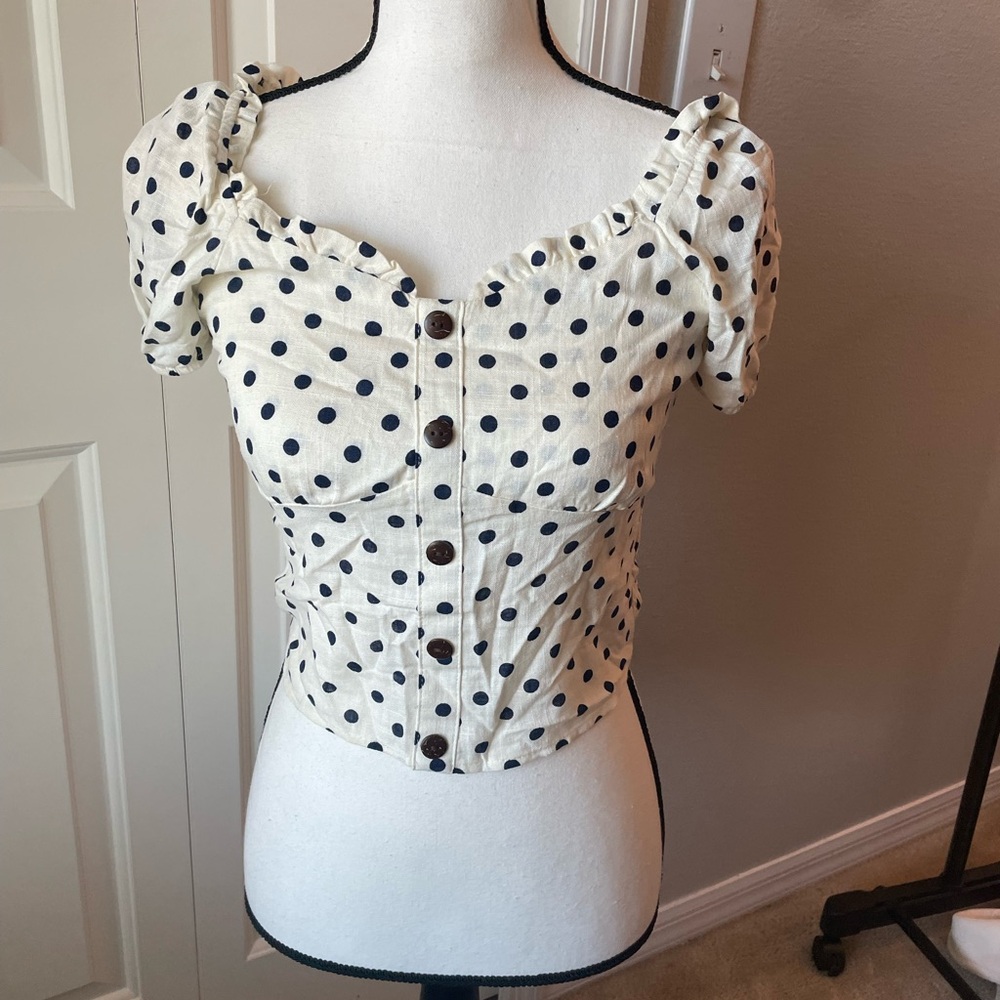 Polka Dot Sweetheart Puff-Sleeve Crop Top - Cream/Navy